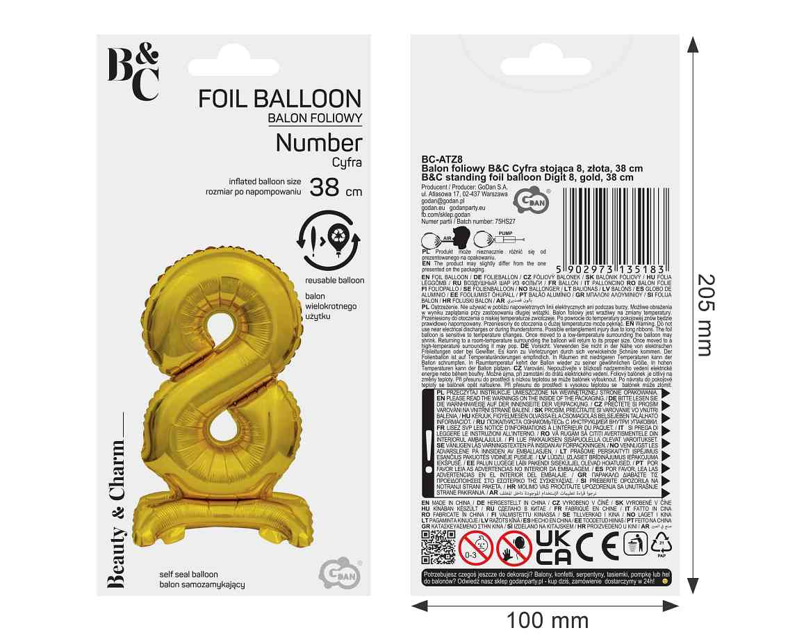 B&C foil balloon Standing digit 8, gold, 38 cm